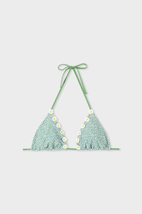 Floral print triangle bikini top;${refinementColor}