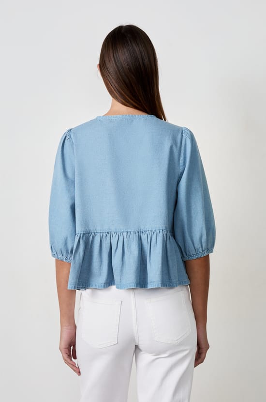 Front-tie shirt with denim effect;${refinementColor}