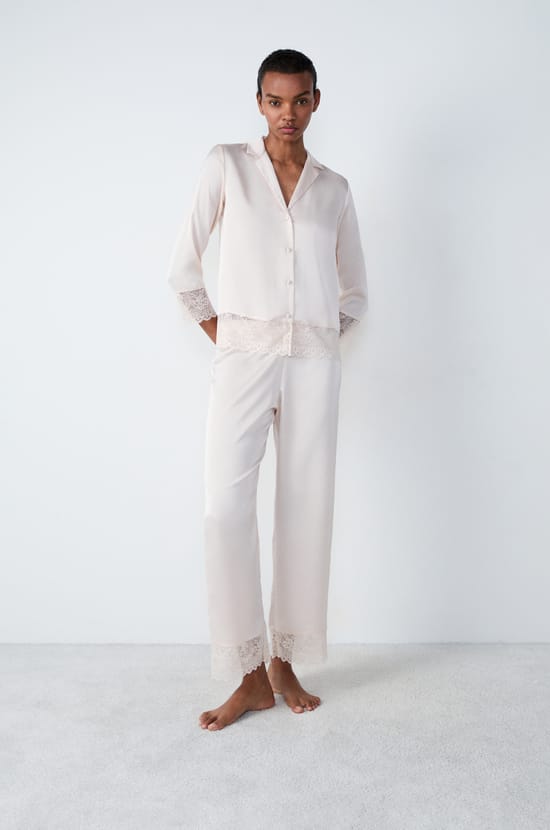 Satin Pajama Shirt With Lace Details;${refinementColor}