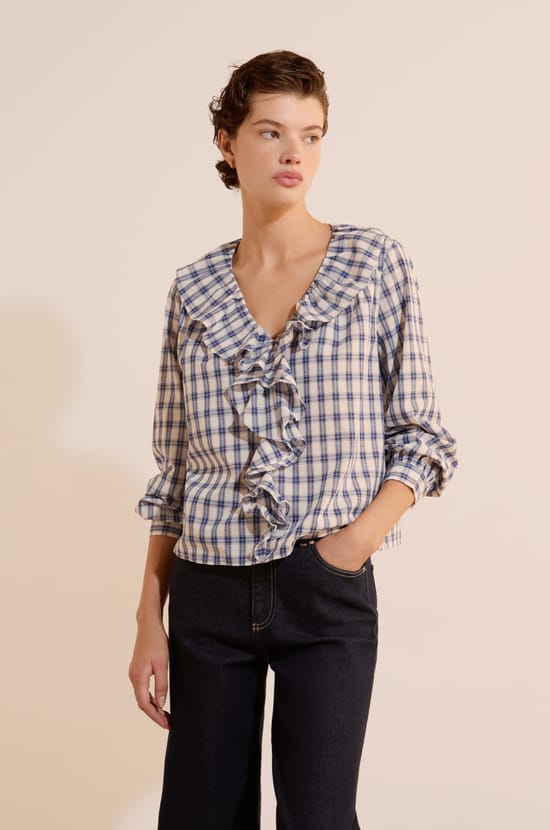 Blouse volant&eacute;e en coton &agrave; carreaux;${refinementColor}