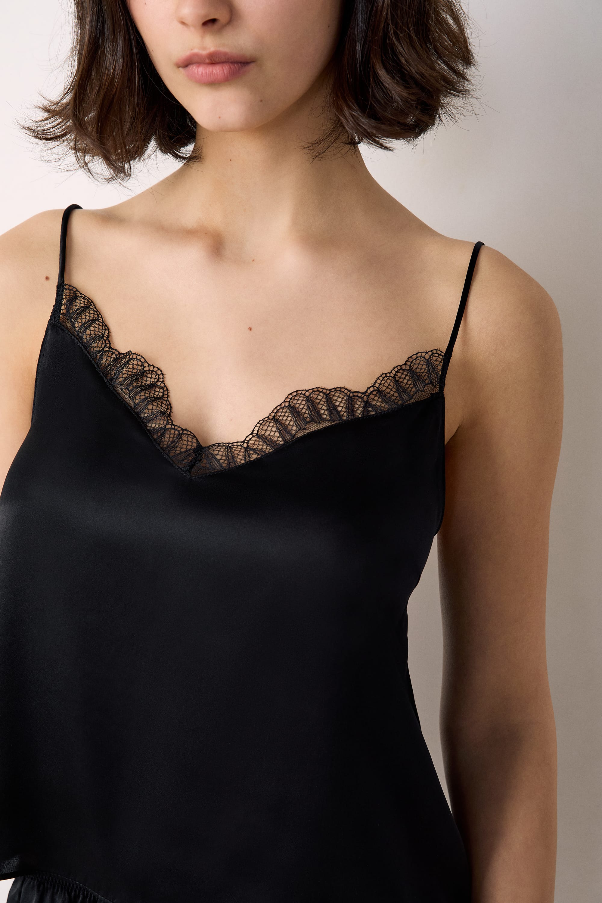 Washable Silk Camisole With Lace Details - SOFTY - NOIR - ETAM
