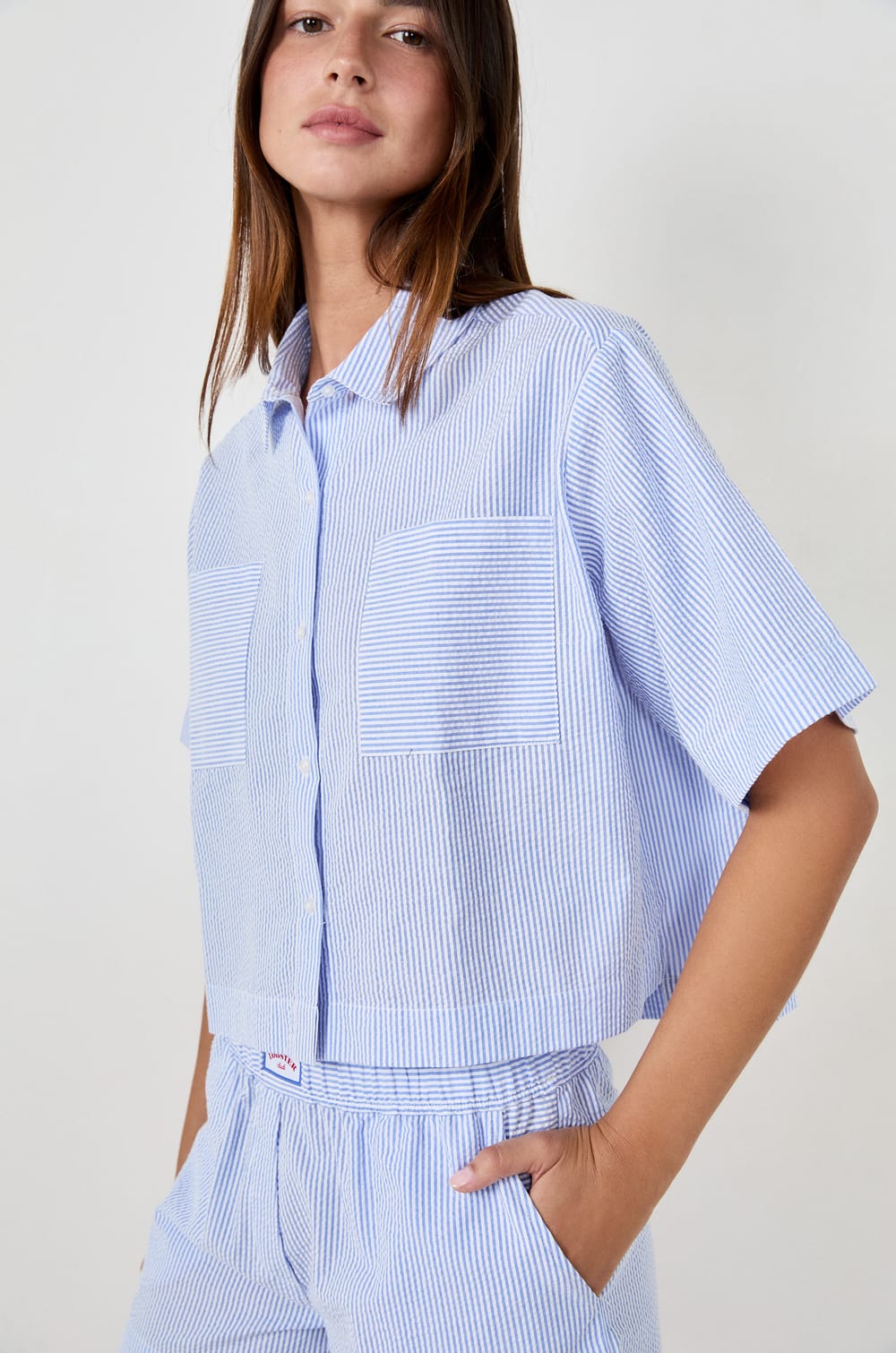 3/4 Sleeve Pyjama Shirt with Fine Stripes;${refinementColor}
