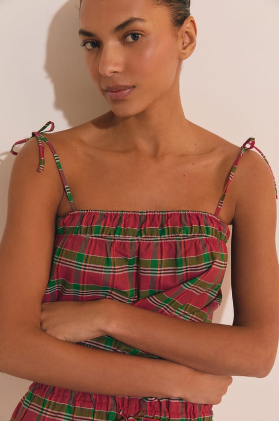 Caraco de pyjama &agrave; carreaux en coton;${refinementColor}