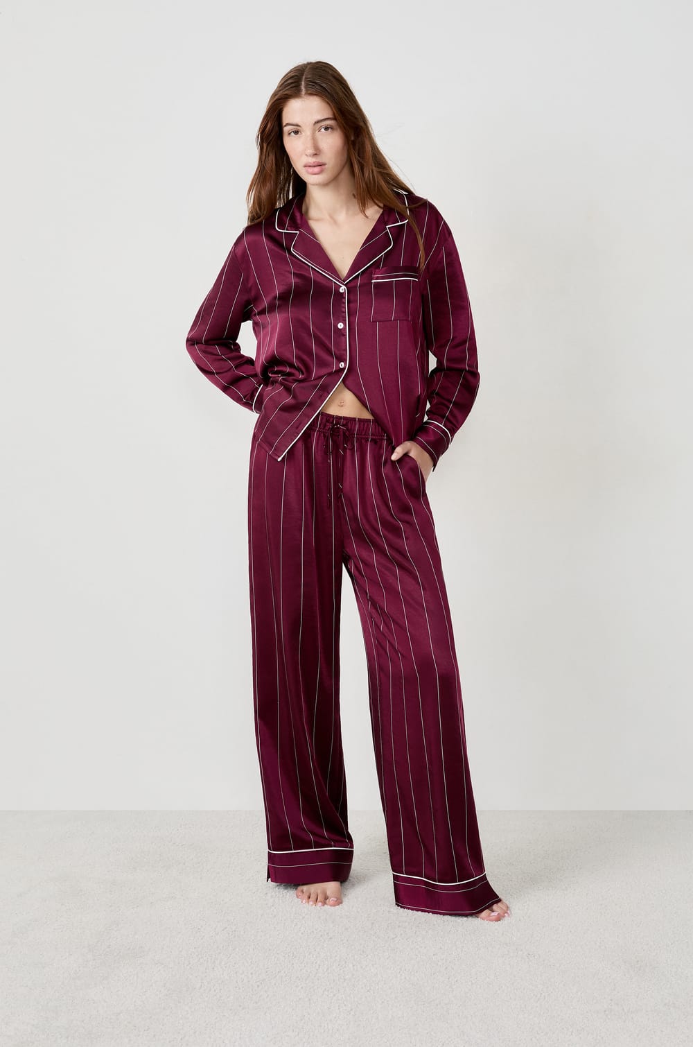 Striped satin pyjama bottoms;${refinementColor}