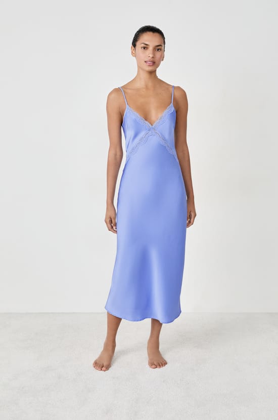 Long satin nightdress with lace details;${refinementColor}