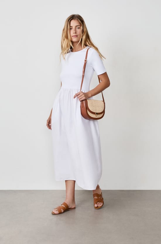 Long cotton dress with short sleeves;${refinementColor}
