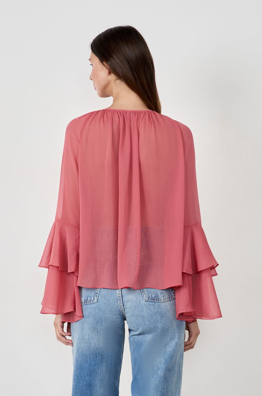 Blouse with ruffled sleeves;${refinementColor}