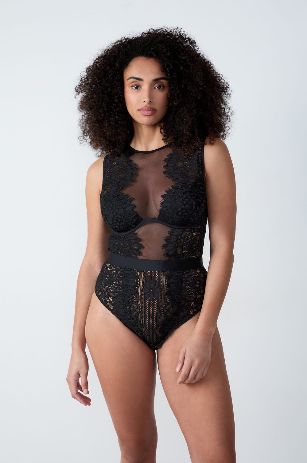 Lightly Lined Bodysuit With Tulle And Lace;${refinementColor}