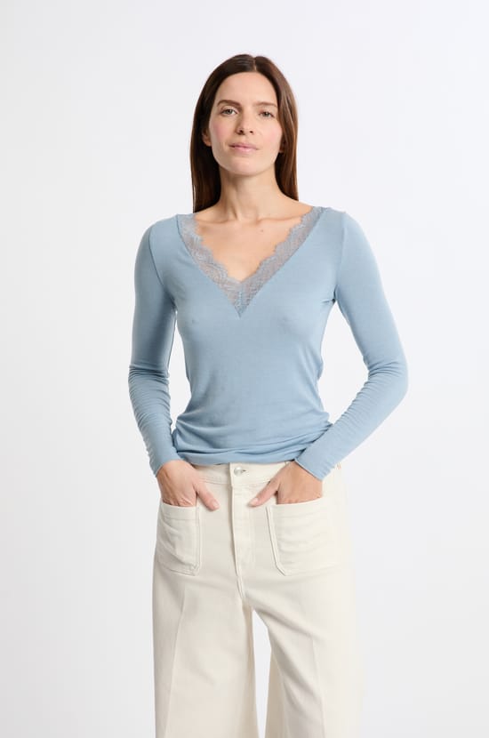 T-shirt thermique col V avec cachemire;${refinementColor}