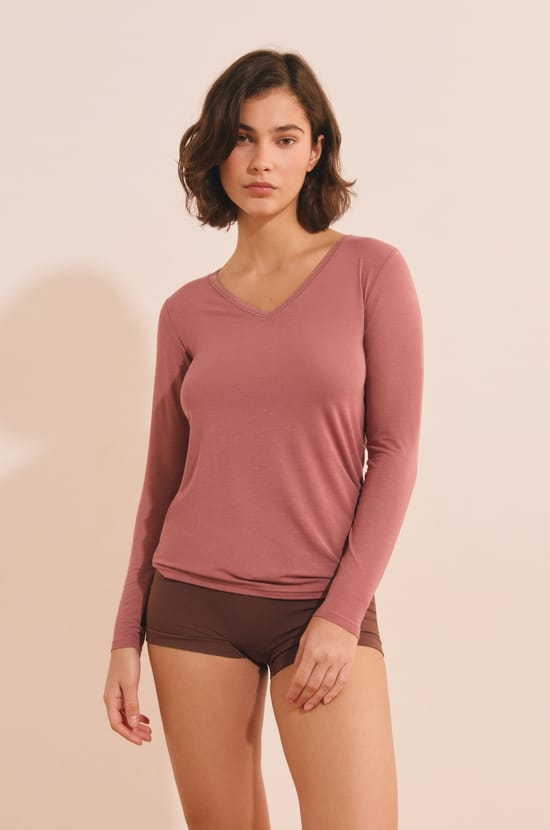 T-shirt col V maille thermique;${refinementColor}
