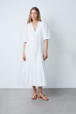 Mid-length cotton dress with puff sleeves;${refinementColor}