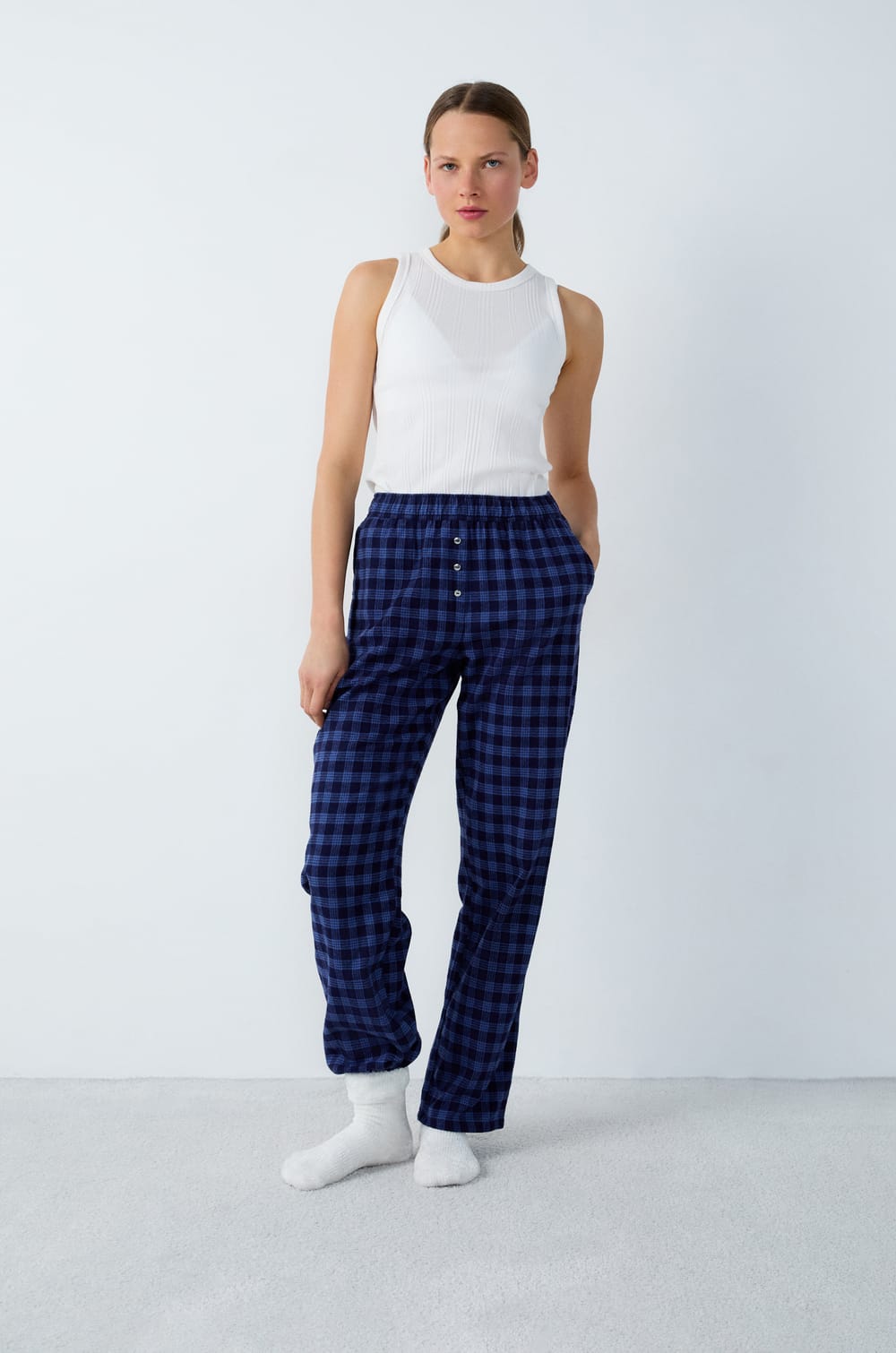Checkered Cotton Pyjama Bottoms;${refinementColor}