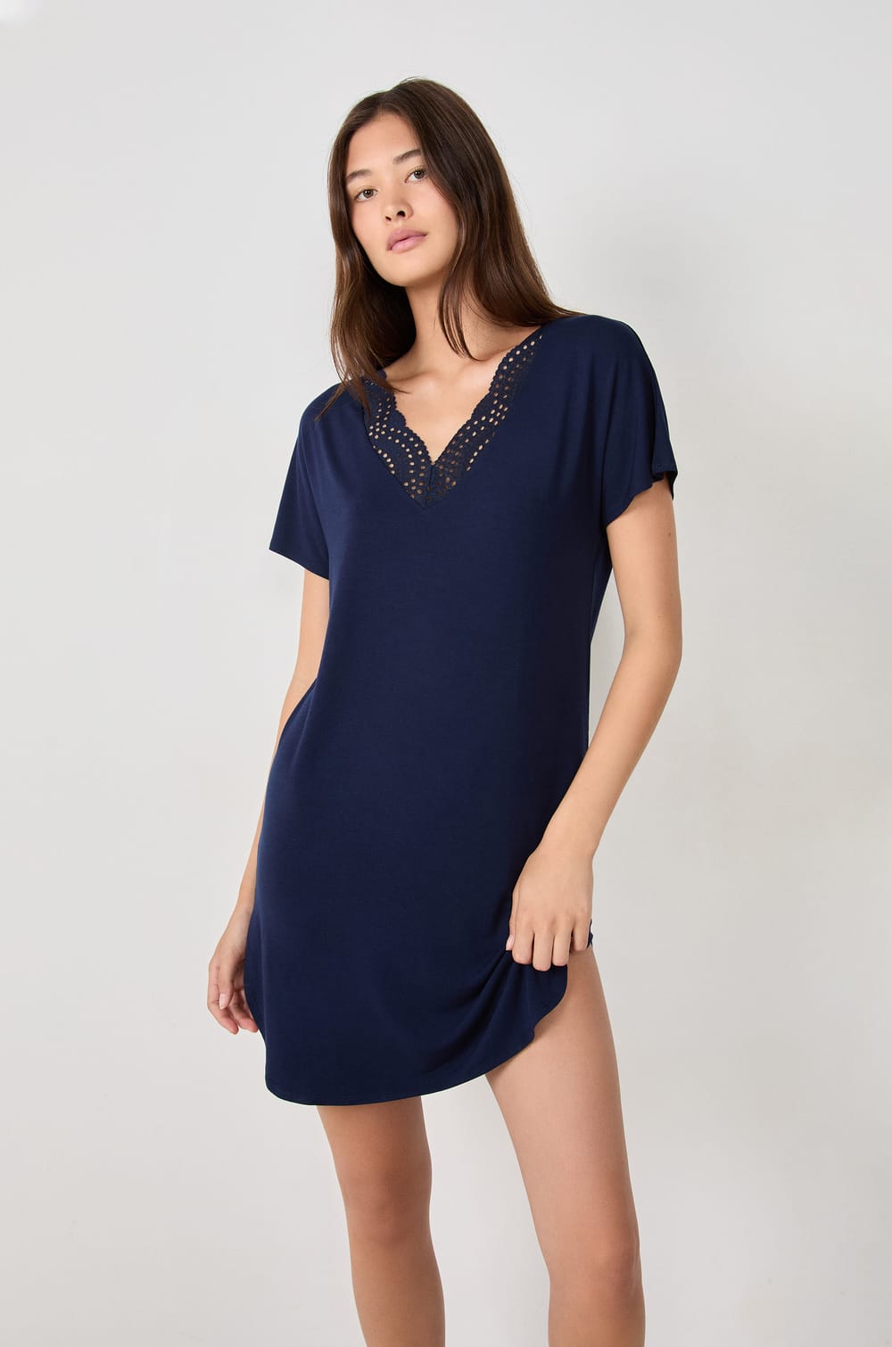 Modal nightdress with lace neckline;${refinementColor}