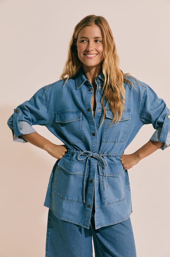 Mid-length denim-effect cotton jacket;${refinementColor}