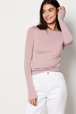 T-shirt manches longues col bateau avec cachemire en maille thermique;${refinementColor}