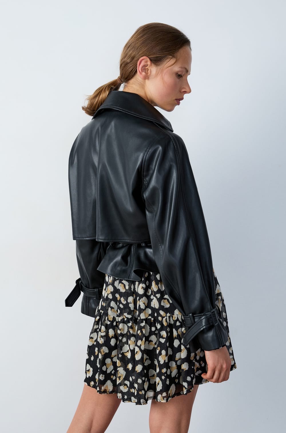 Short Belted Faux Leather Trench Jacket;${refinementColor}