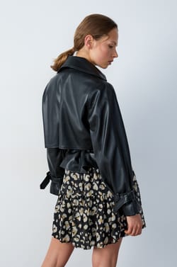 Short Belted Faux Leather Trench Jacket;${refinementColor}