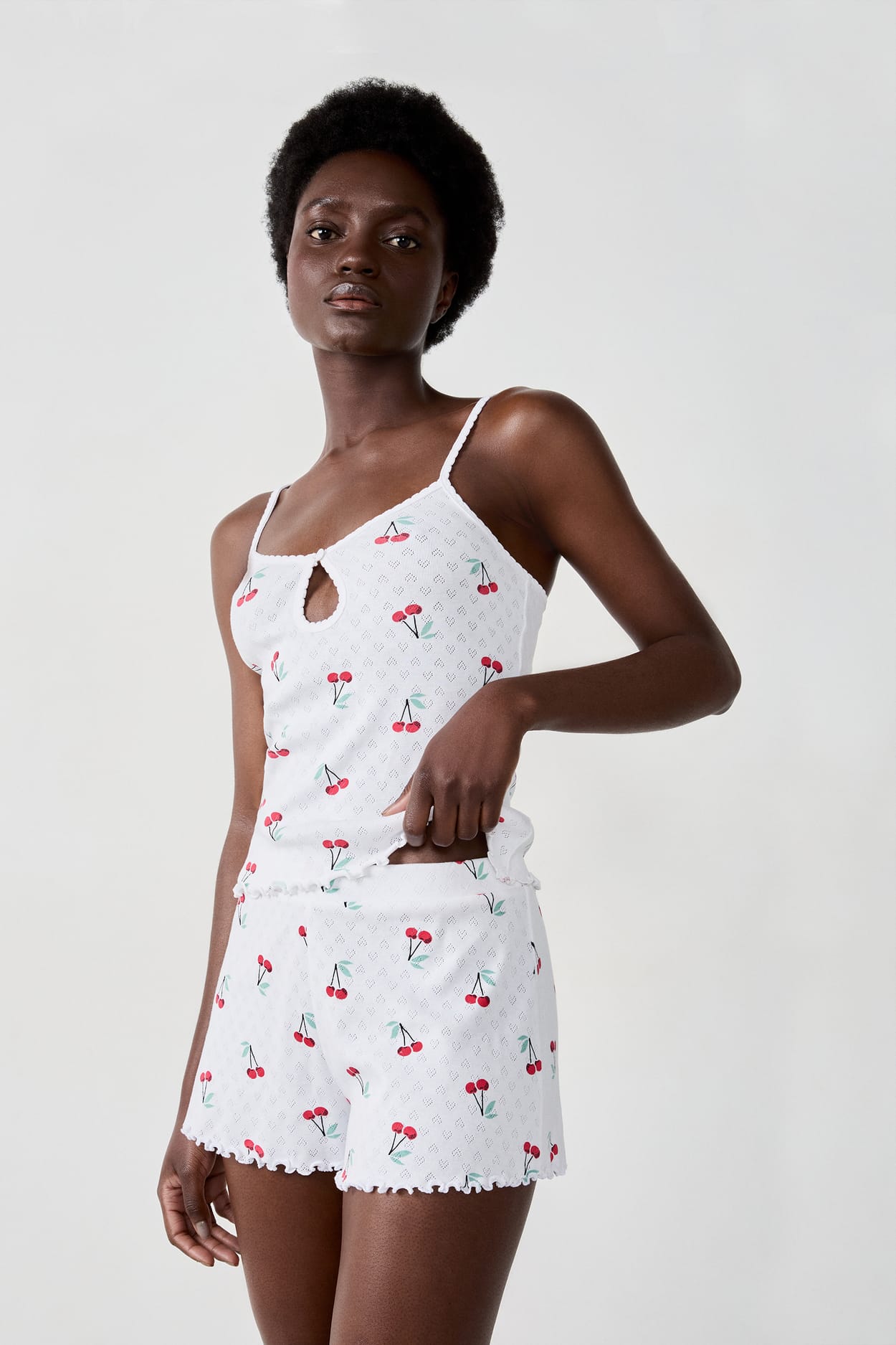 Cotton tank top with cherry print pointelle;${refinementColor}