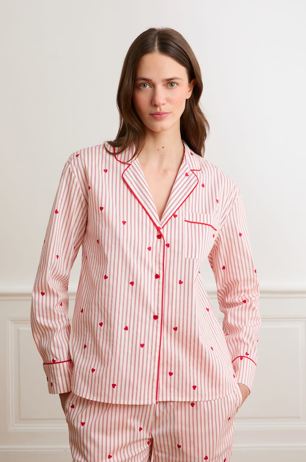 Striped And Heart Print Shirt With Cotton;${refinementColor}