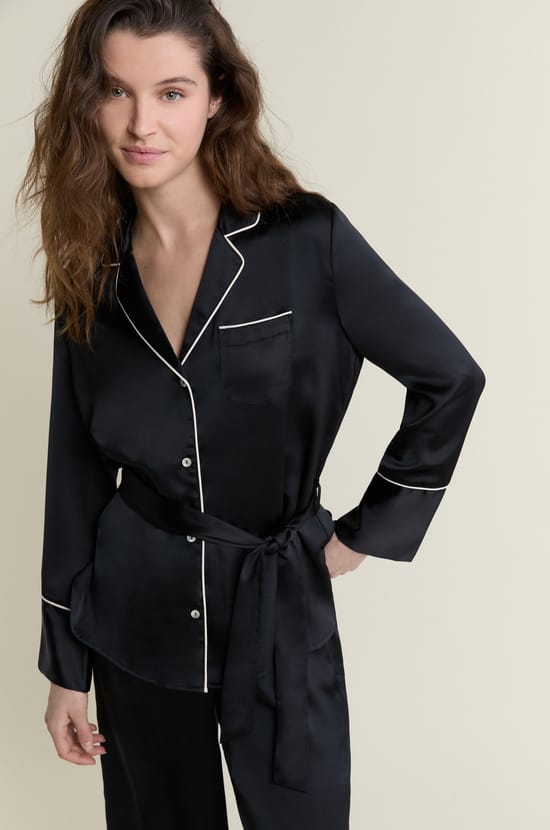 Satin Pyjama Shirt with Tie;${refinementColor}