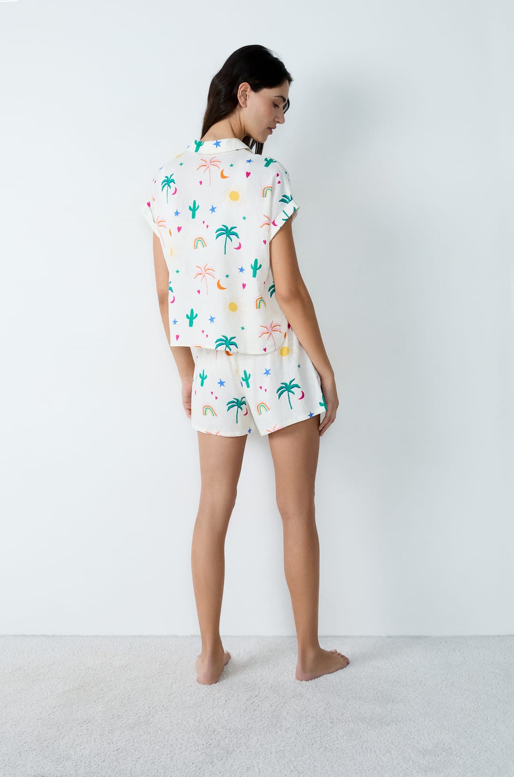 Chemise de pyjama imprimée manches courtes en lin et viscose;${refinementColor}