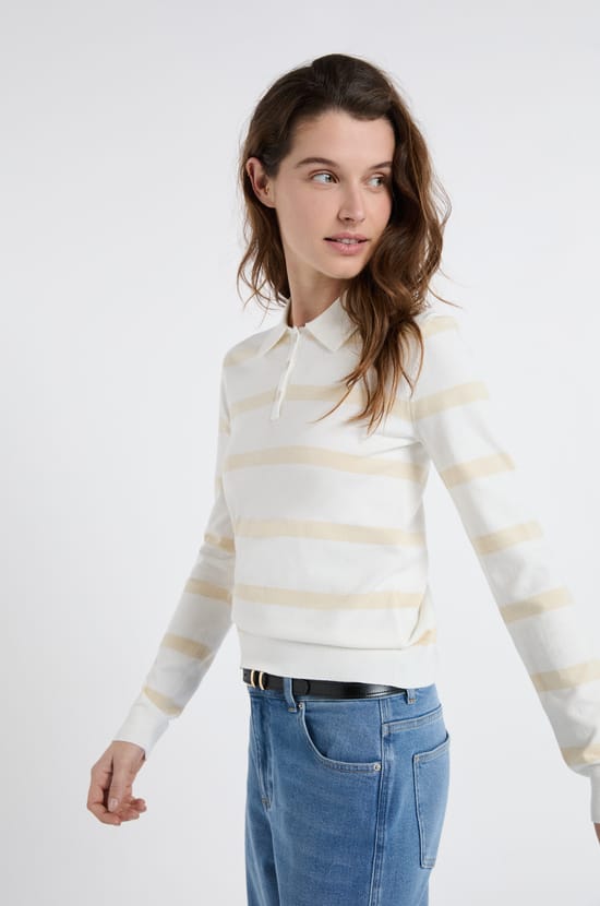 Pull col polo &agrave; manches longues &agrave; rayures;${refinementColor}