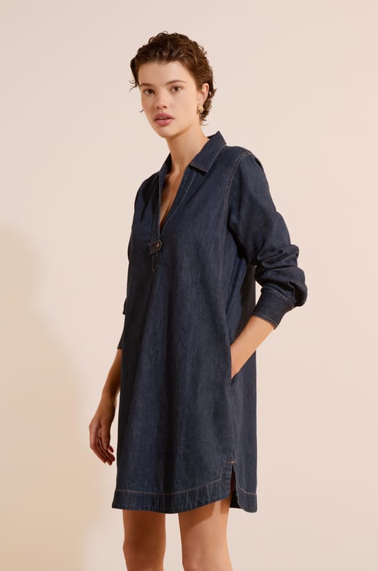 Robe courte &agrave; manches longues en jean;${refinementColor}