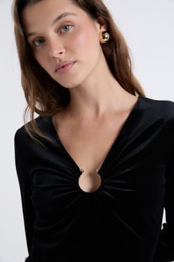 Long-Sleeve Velvet Dress With Ring Detail;${refinementColor}