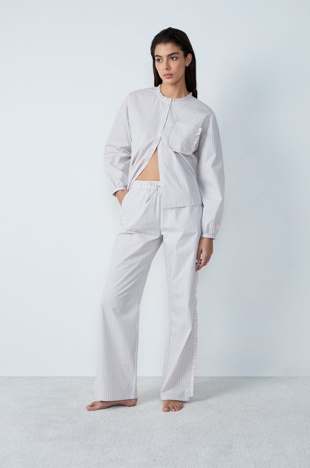 Cotton Pyjama Trousers Straight Cut with Stripes;${refinementColor}