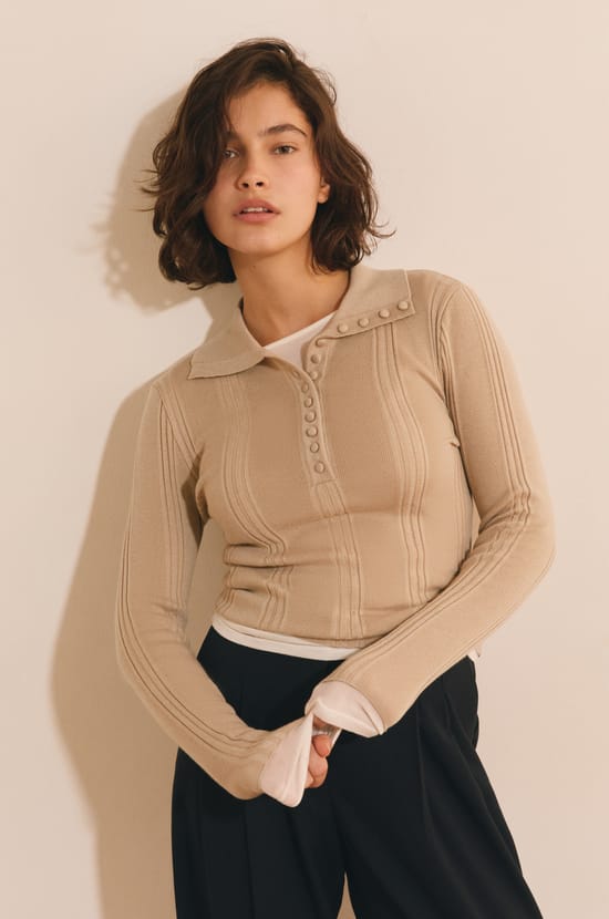 Pull manches longues &agrave; col polo;${refinementColor}