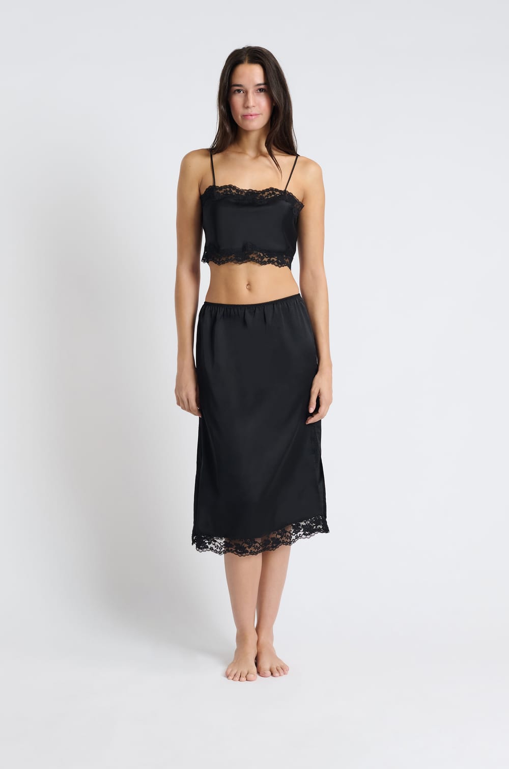 Satin pyjama skirt with lace details;${refinementColor}