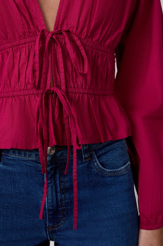 Long-Sleeved Blouse with Ties;${refinementColor}