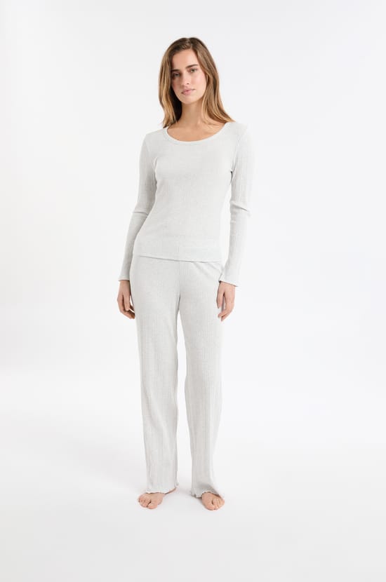 Long-sleeved ribbed cotton pyjama T-shirt;${refinementColor}