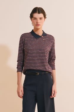 T-shirt &agrave; rayures col polo avec coton;${refinementColor}
