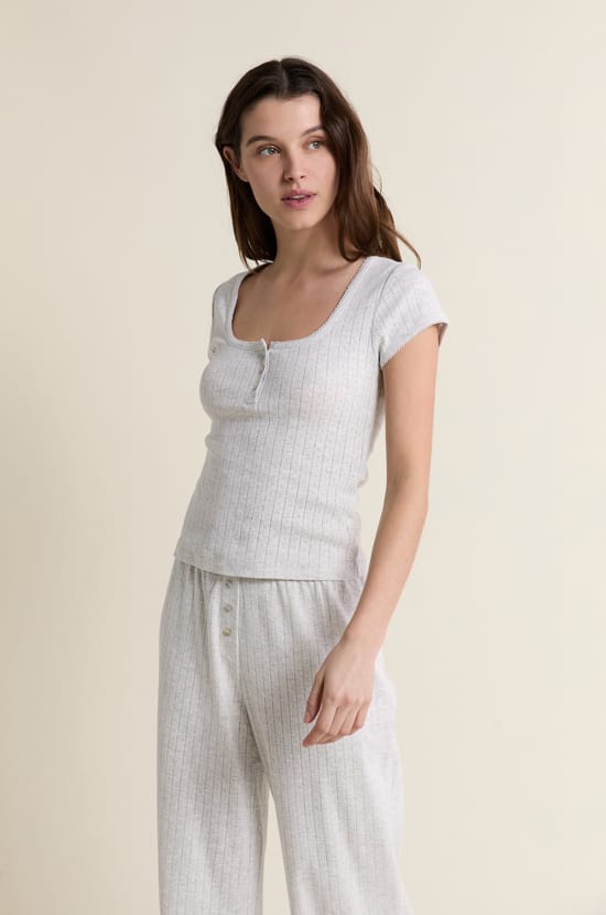 T-shirt de pyjama manches courtes en coton en pointelle;${refinementColor}