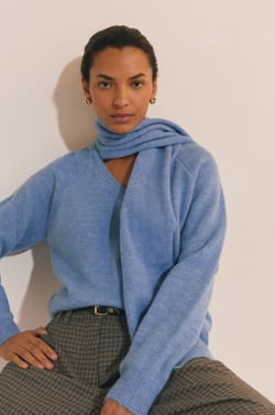 V-neck Sweater with Integrated Scarf;${refinementColor}