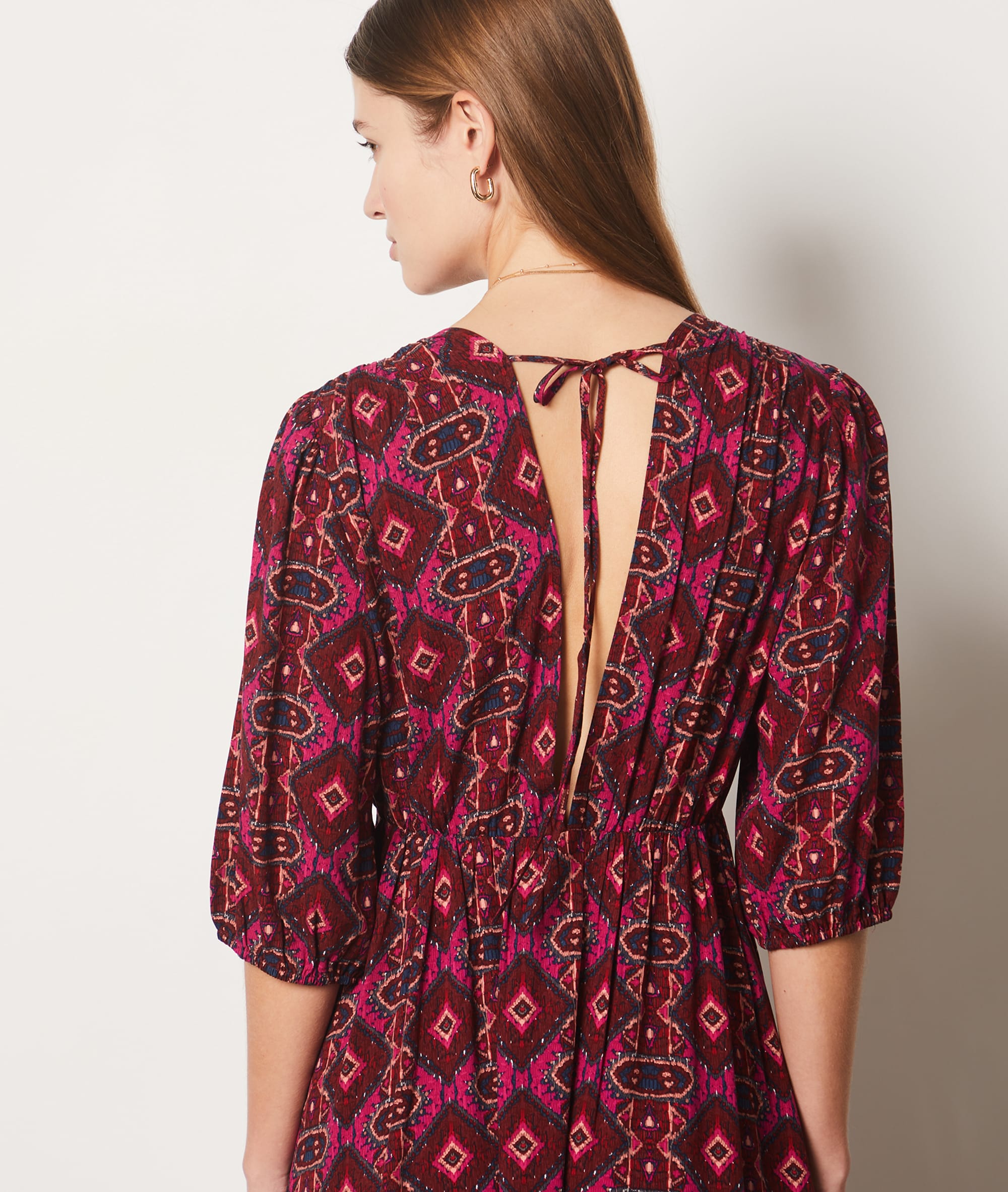 Robe Longue Femme été - Imprimé Fleurs, Col V, Manches Courtes - Tissu Chiffon Polyester - Style Bohème Plage