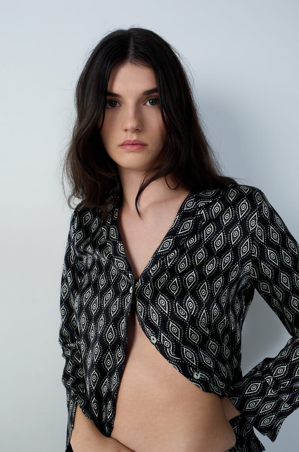 Printed Satin Pyjama Shirt;${refinementColor}