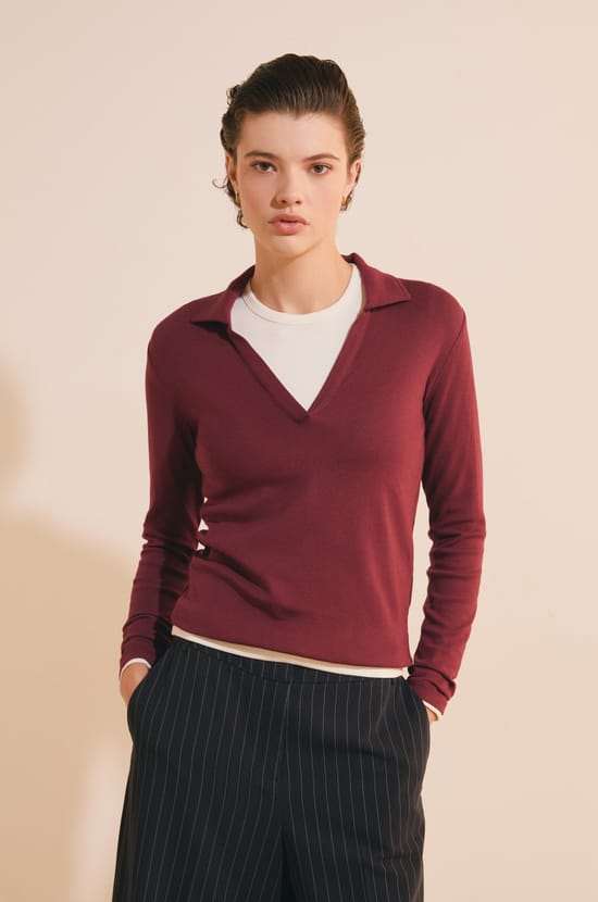 T-shirt col polo en coton modal;${refinementColor}