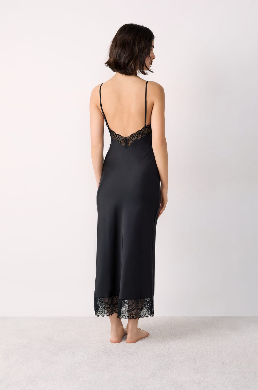 Long Satin Nightdress With Lace Details;${refinementColor}