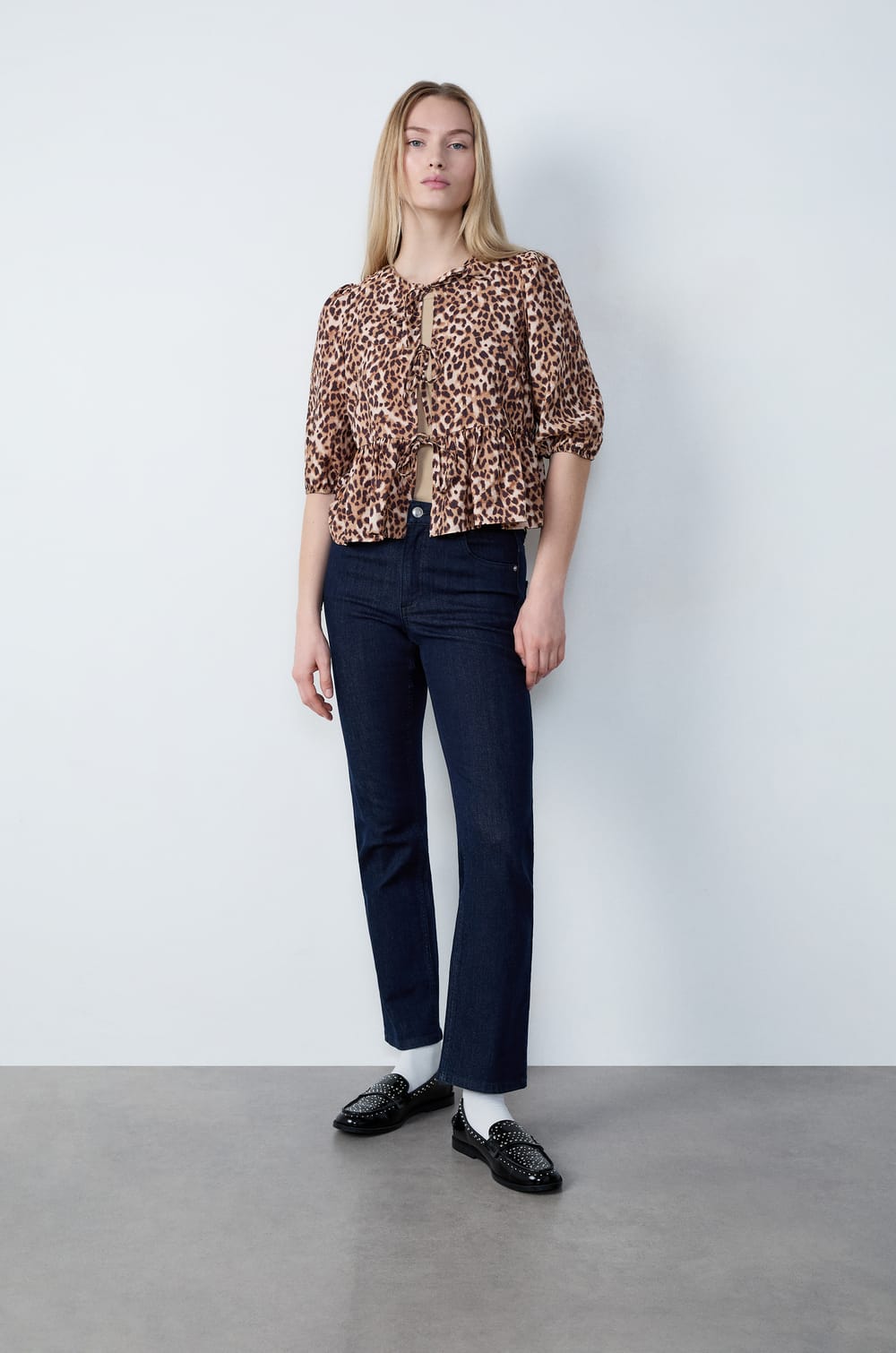 Leopard Print Front-Tie Blouse;${refinementColor}