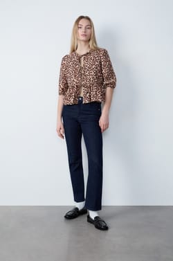 Leopard Print Front-Tie Blouse;${refinementColor}