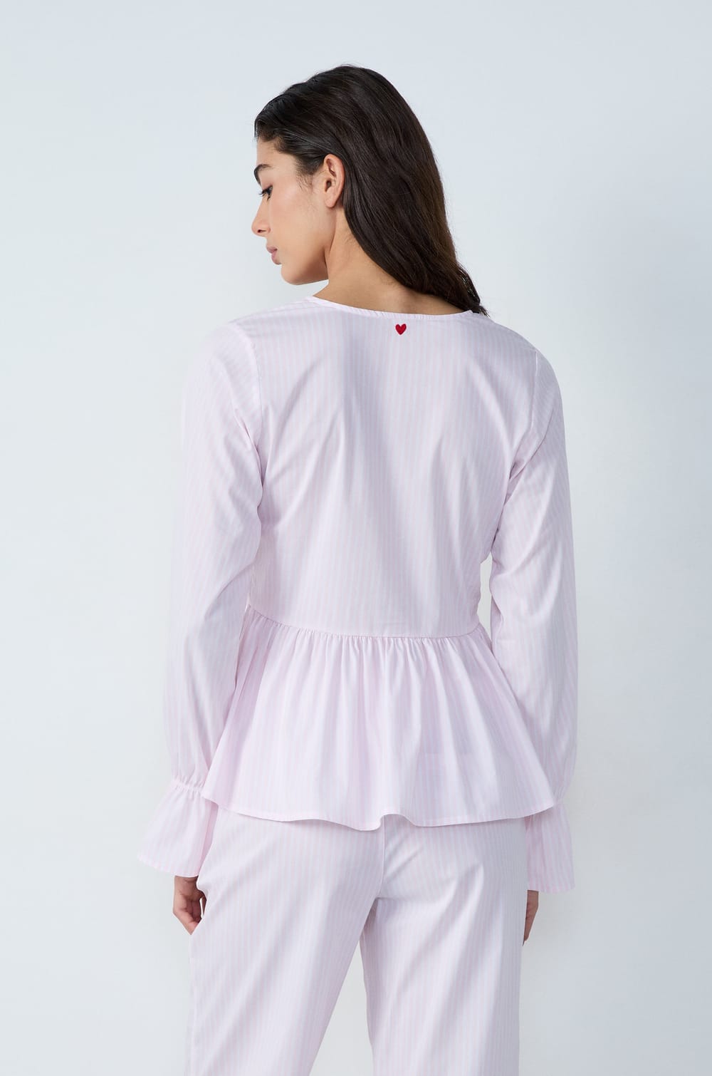 Long-sleeved cotton pyjama shirt with striped bow detail;${refinementColor}
