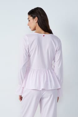 Long-sleeved cotton pyjama shirt with striped bow detail;${refinementColor}