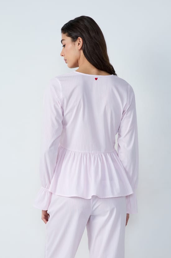 Long-sleeved cotton pyjama shirt with striped bow detail;${refinementColor}