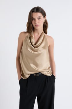 Sleeveless Satin Top with High Neck;${refinementColor}
