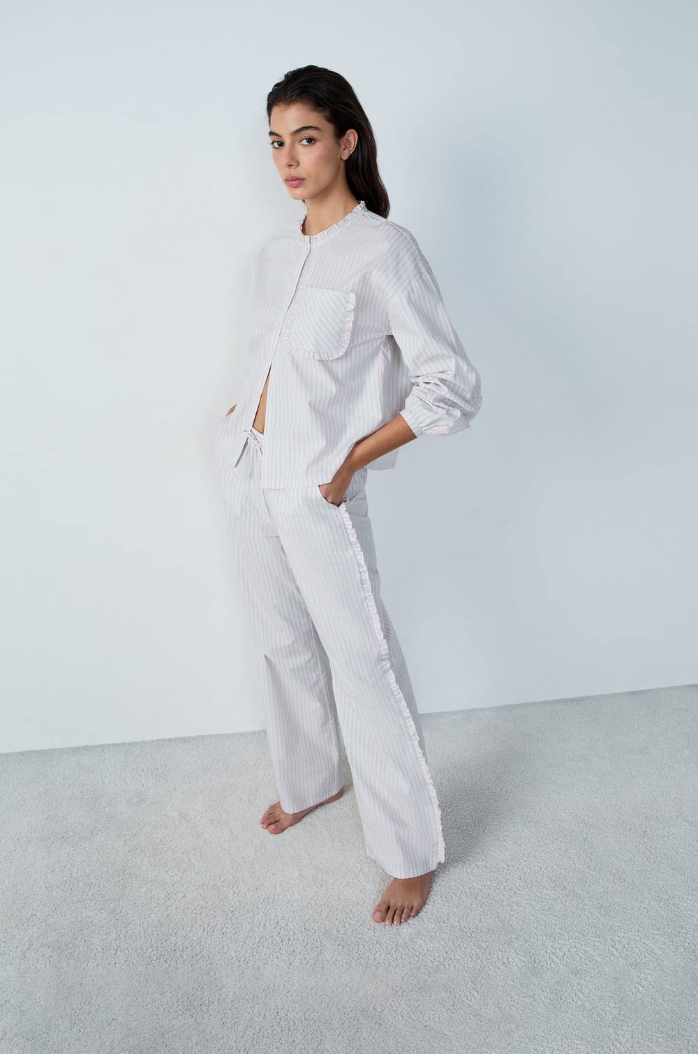 Cotton Pyjama Trousers Straight Cut with Stripes;${refinementColor}