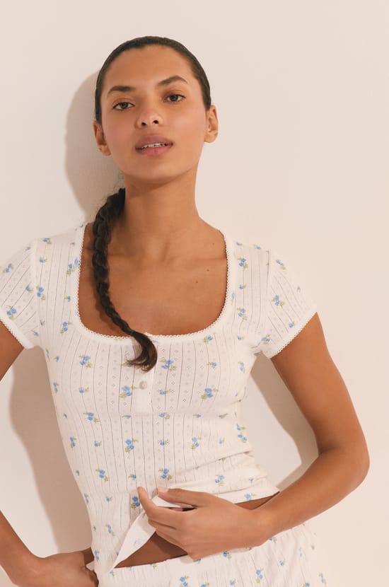 Tshirt de pyjama &agrave; motifs en coton en pointelle;${refinementColor}