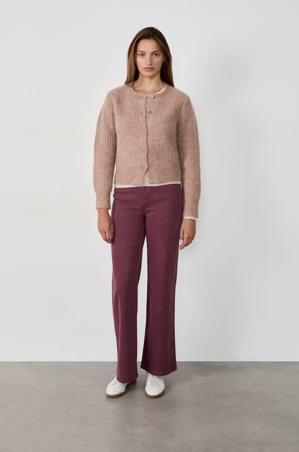 Long-sleeved cardigan sweater with buttons;${refinementColor}