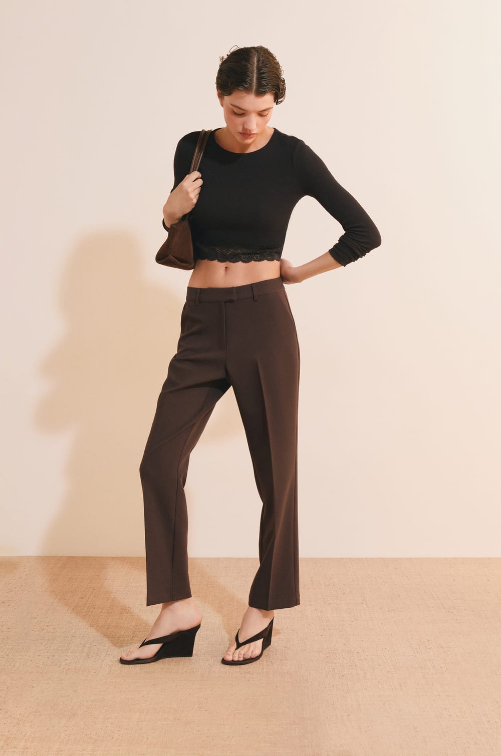 T-shirt court manches longues avec dentelle en coton;${refinementColor}